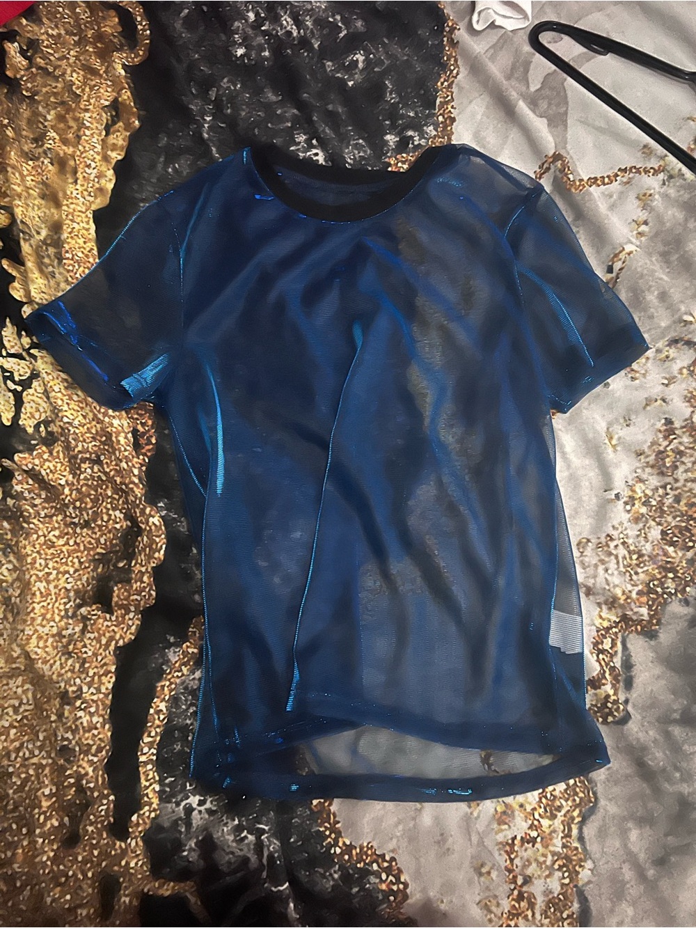 Sheer Metallic Blue Short Sleeve Mesh Top